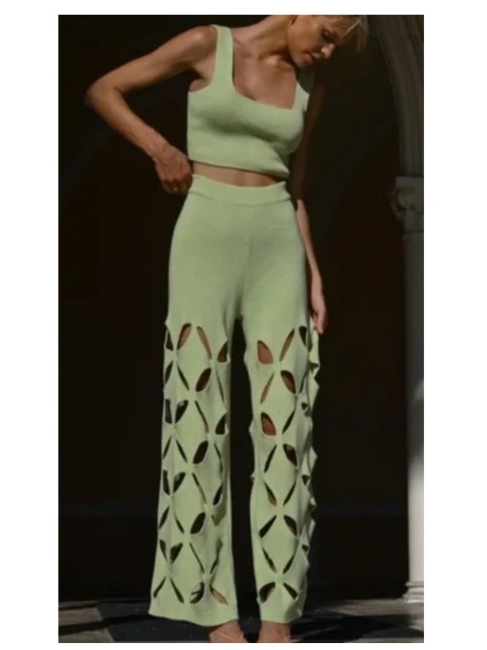 YLLW The Label Taurus Knit Sage Green Cutout Wide Leg Pants Laser Cut Sz M